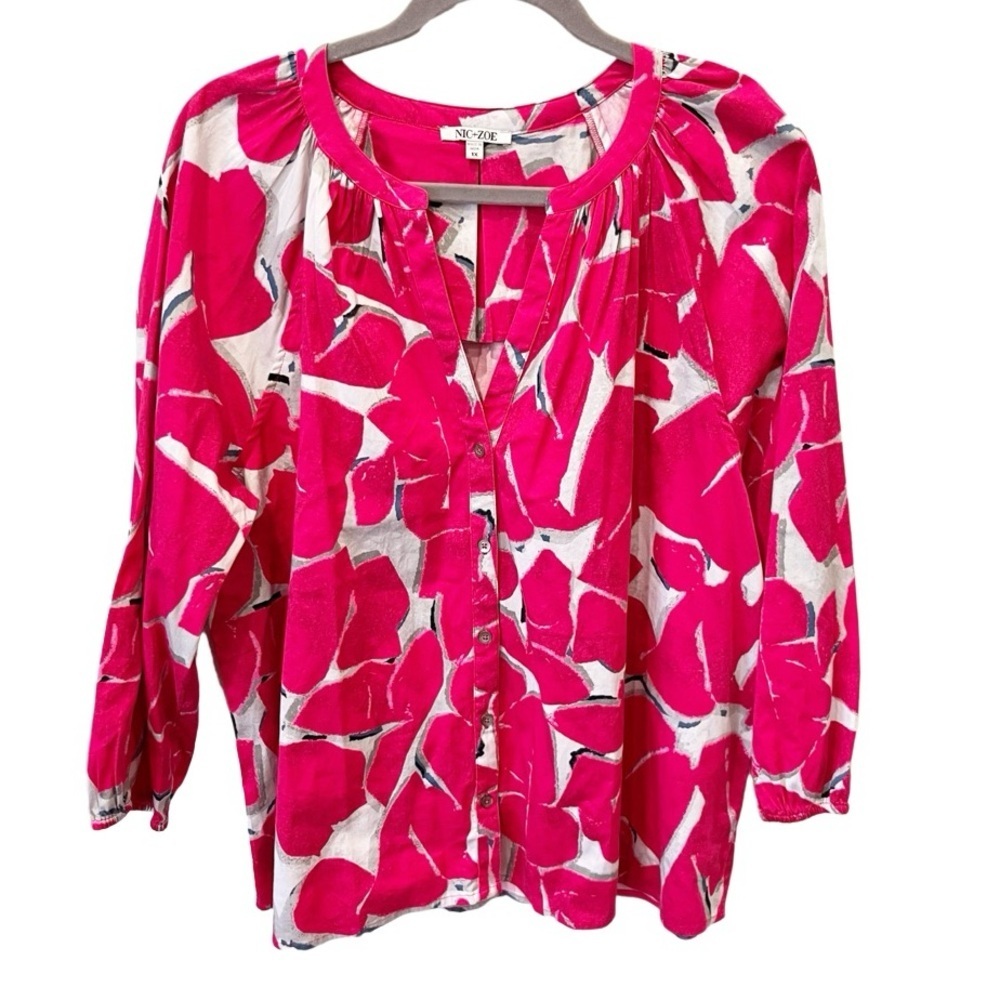 Nic & Zoe Top Women's 1X Bold Floral Abstract Pink Button Up Pop Art Valentine's